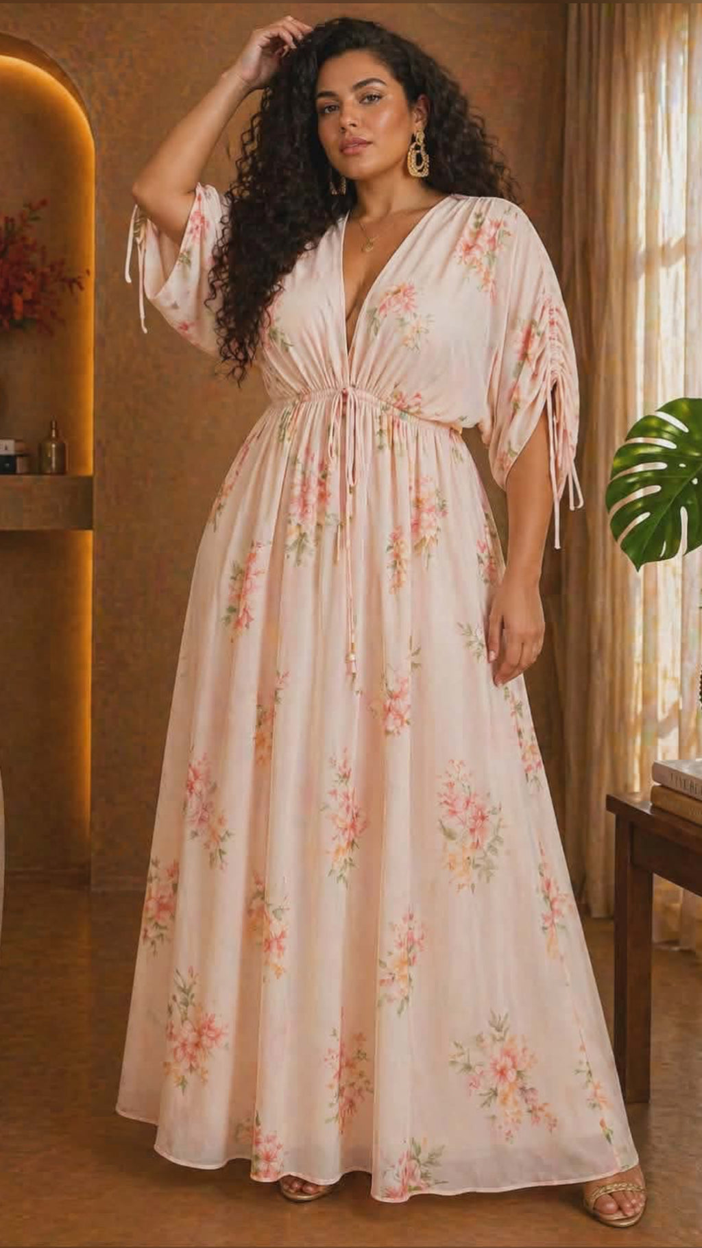 042326 Pink Floral Print V Neck Maxi Dress