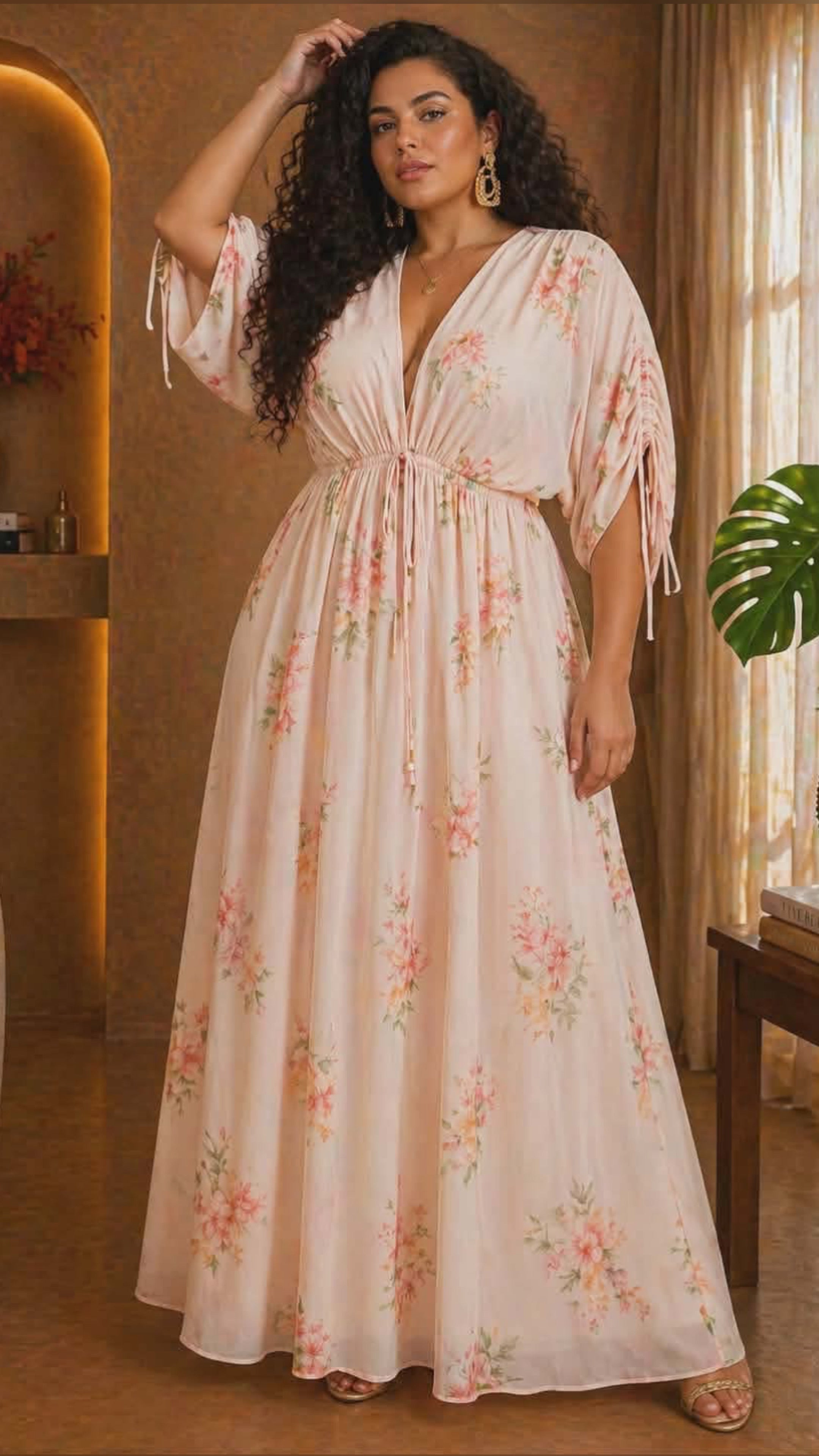 042326 Pink Floral Print V Neck Maxi Dress