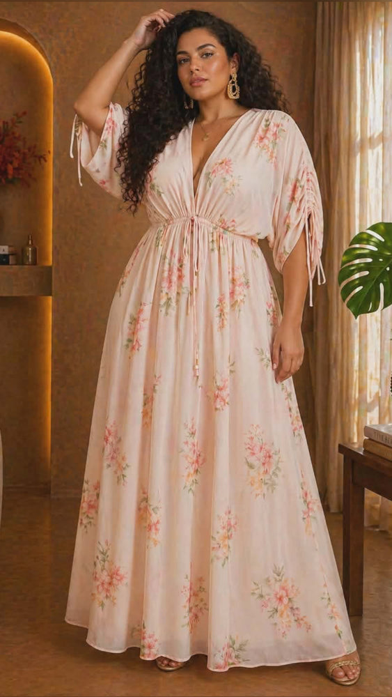 042326 Pink Floral Print V Neck Maxi Dress