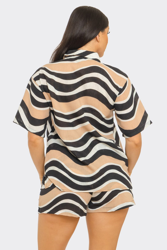 040926 The Tan Linen Print Button Down Shirts Top Shorts Set