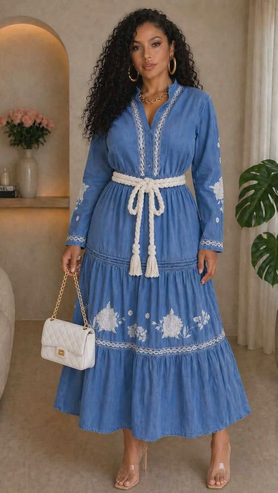 012225 Soft Denim Set Skirt And Long Sleeve Blouse.