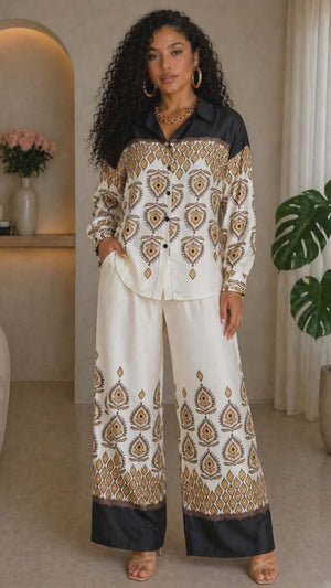 012225 The Brown Graphic Print Shirt And Pants Satin Set