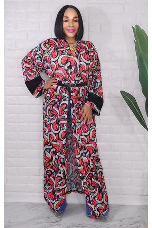 053123 Pink & Red Florals Print Duster with Belt