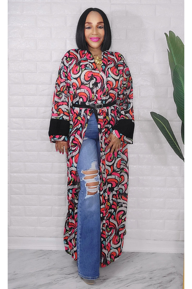 053123 Pink & Red Florals Print Duster with Belt