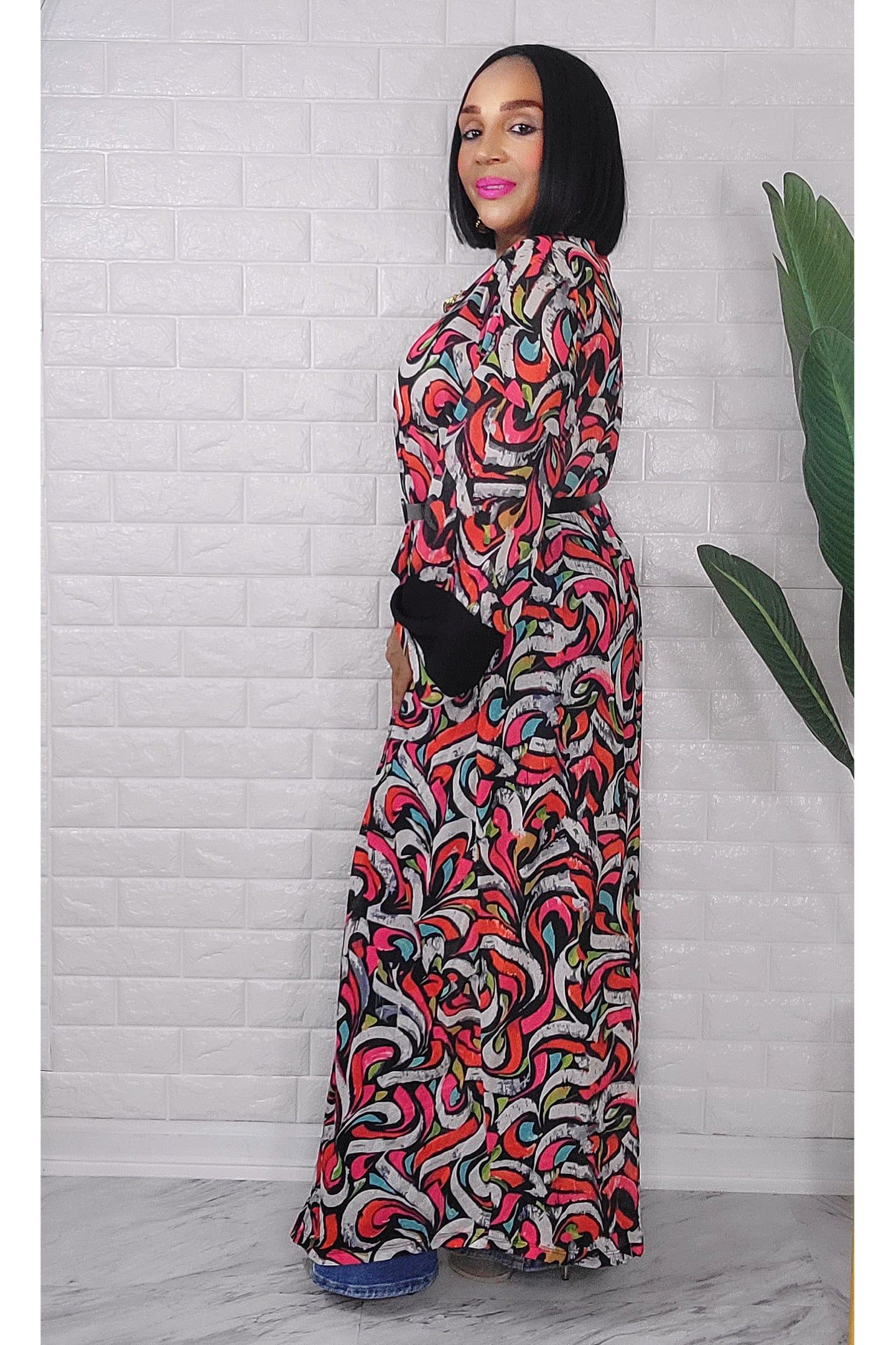 053123 Pink & Red Florals Print Duster with Belt