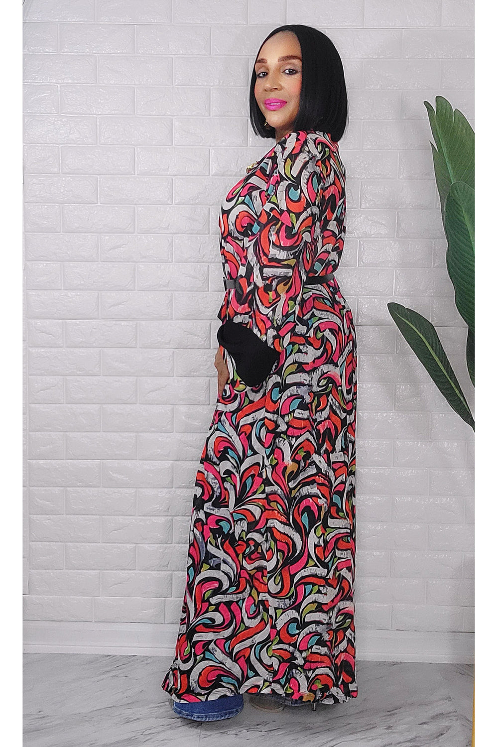 053123 Pink & Red Florals Print Duster with Belt