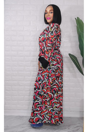 053123 Pink & Red Florals Print Duster with Belt