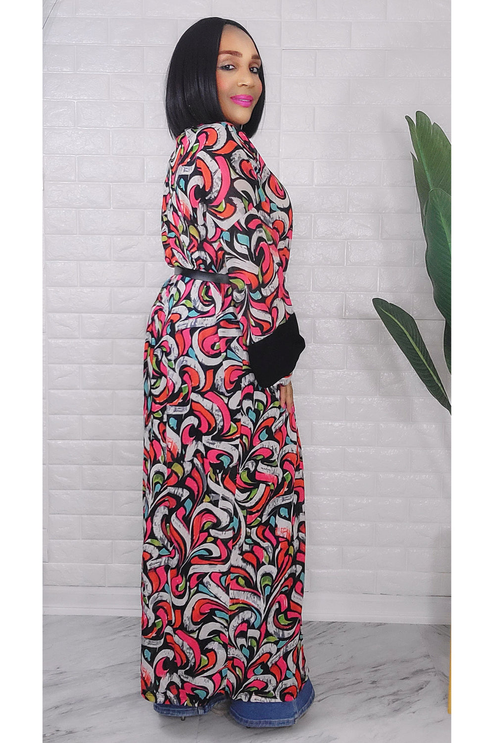 053123 Pink & Red Florals Print Duster with Belt