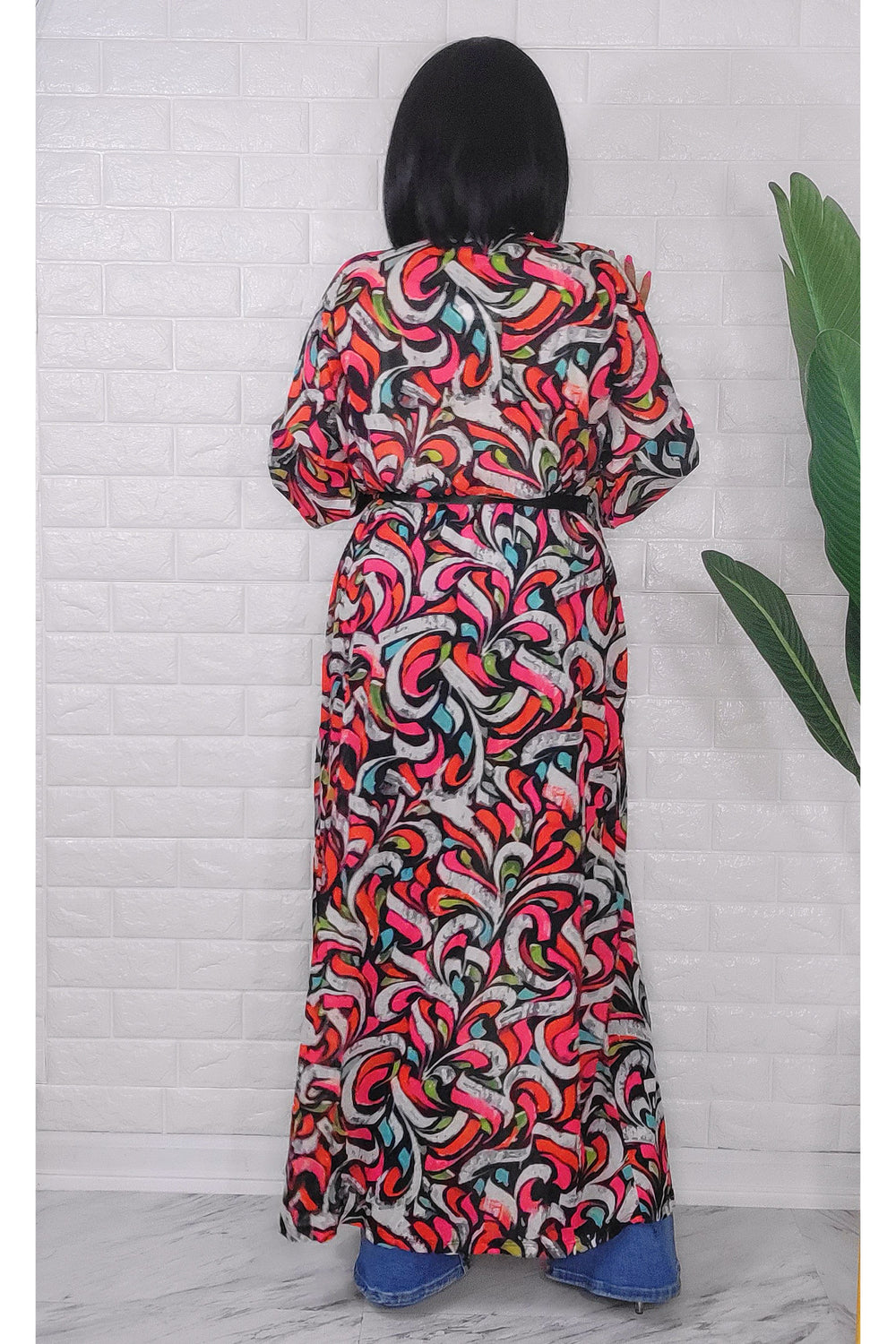 053123 Pink & Red Florals Print Duster with Belt