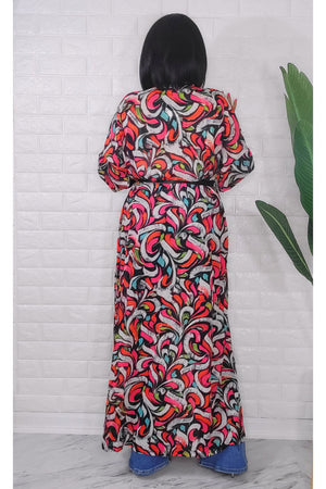 053123 Pink & Red Florals Print Duster with Belt