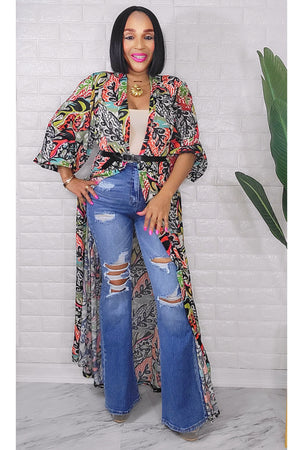 053123 Green Florals Print Duster with Belt