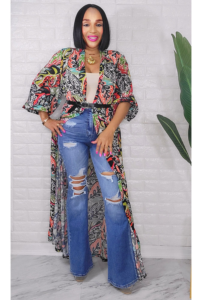 053123 Green Florals Print Duster with Belt