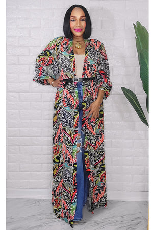 053123 Green Florals Print Duster with Belt