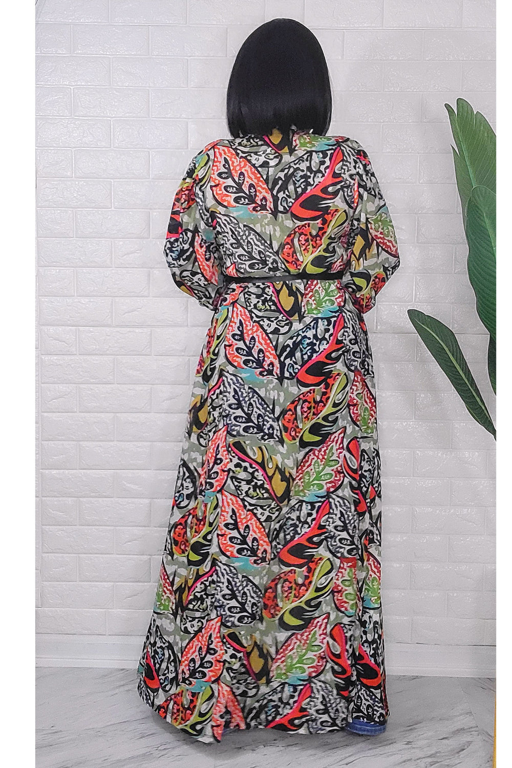 053123 Green Florals Print Duster with Belt