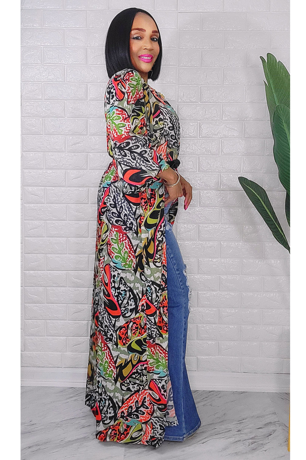 053123 Green Florals Print Duster with Belt