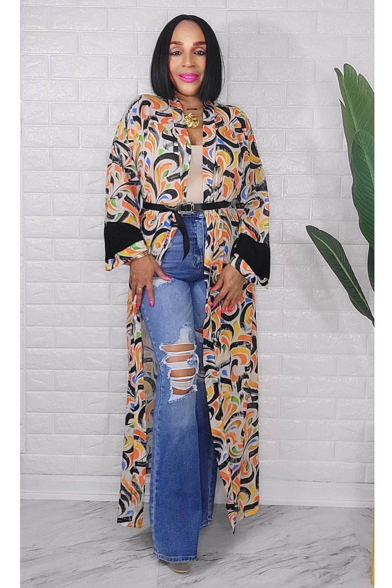 053123 The Orange Florals Print Duster with Belt