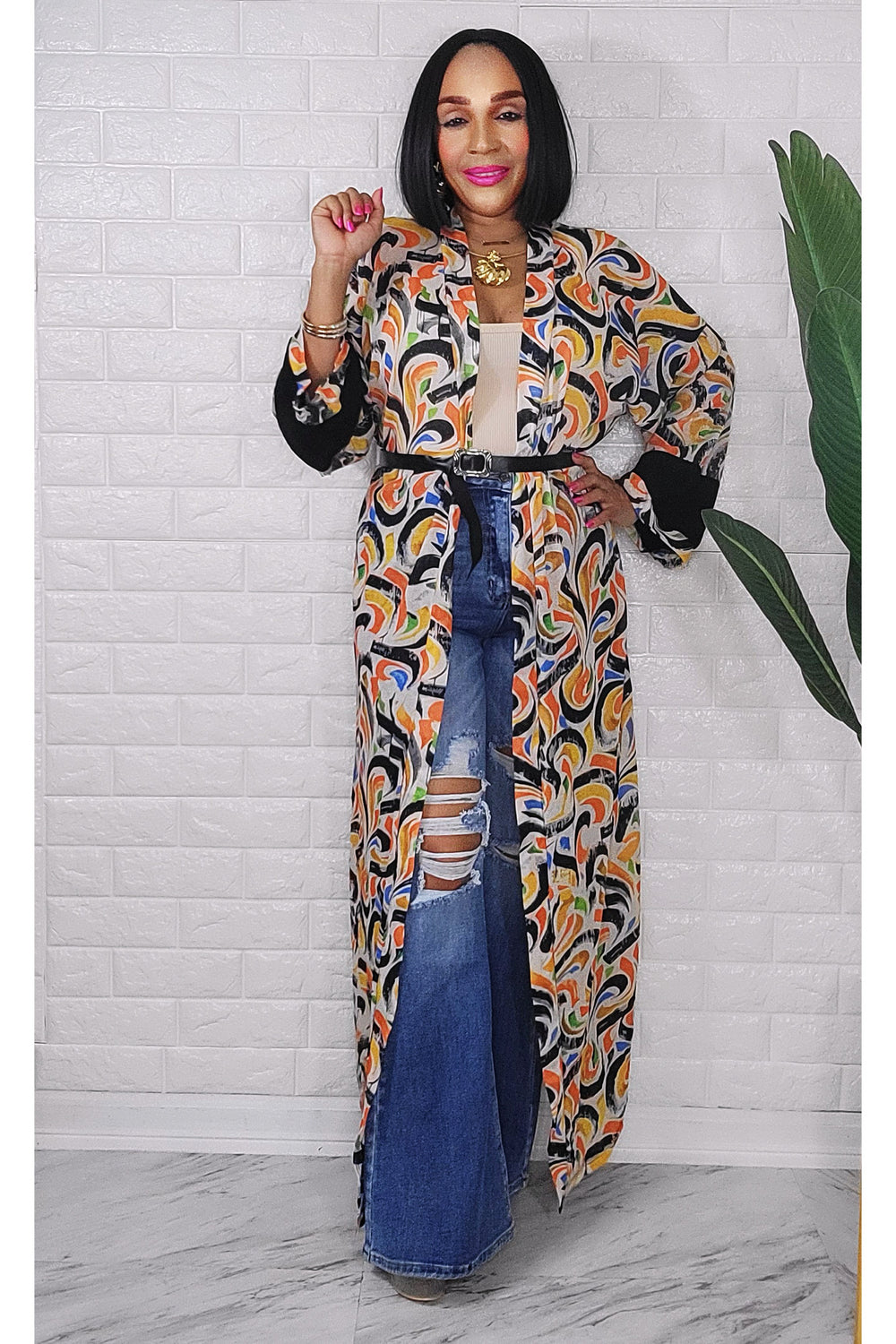 053123 The Orange Florals Print Duster with Belt