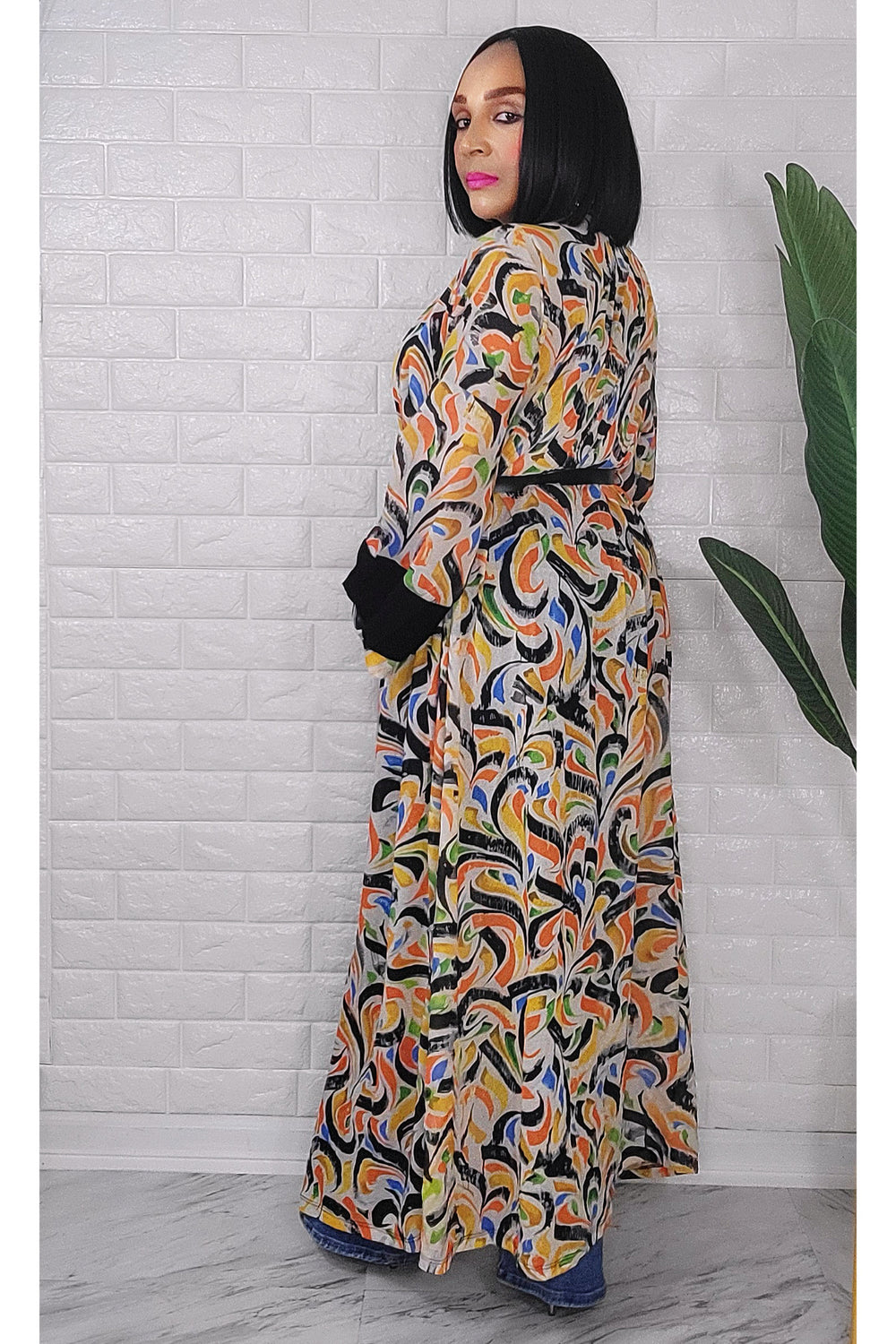 053123 The Orange Florals Print Duster with Belt