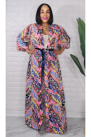 053123 Pink Florals Print Duster with Belt