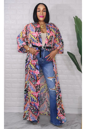 053123 Pink Florals Print Duster with Belt