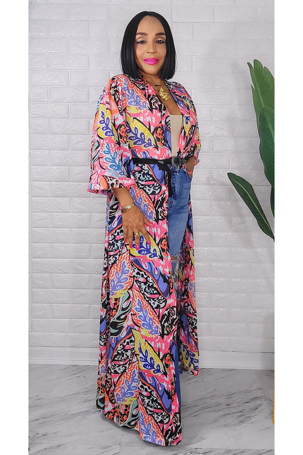 053123 Pink Florals Print Duster with Belt