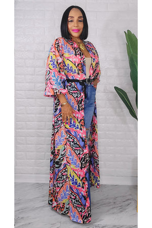 053123 Pink Florals Print Duster with Belt