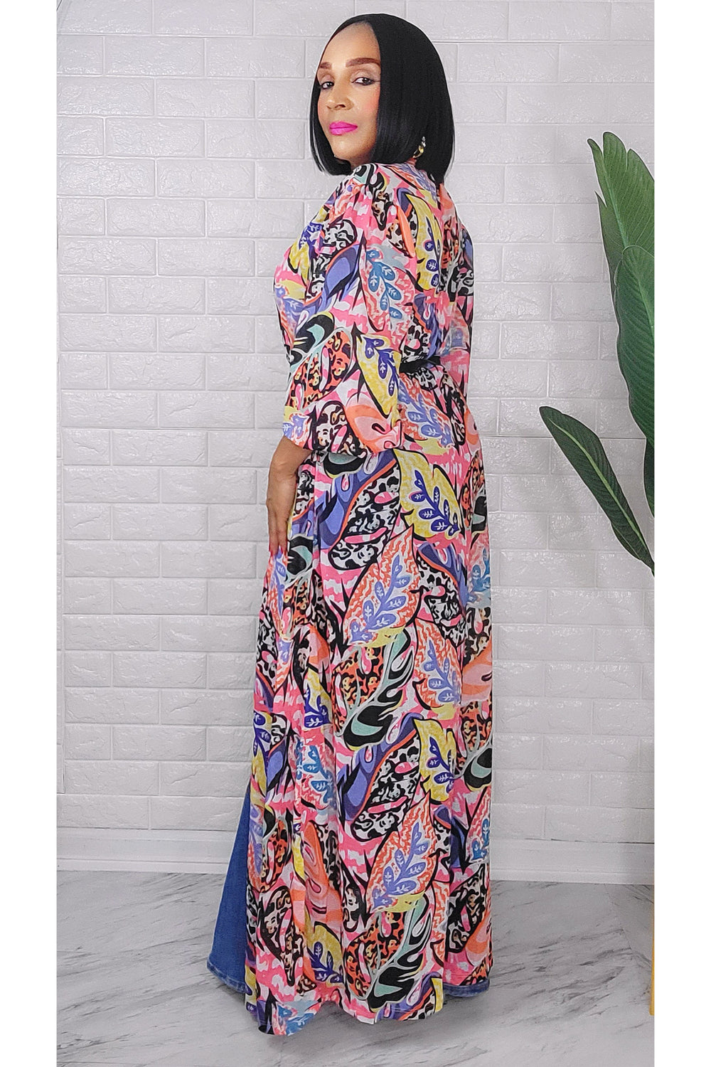 053123 Pink Florals Print Duster with Belt