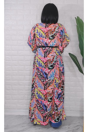 053123 Pink Florals Print Duster with Belt