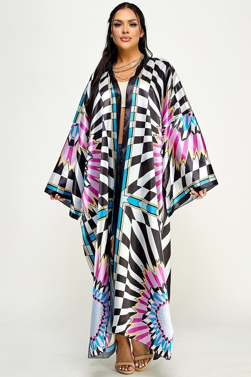 051023 The Black & White Checker Print Kimono Duster One Size Fit All