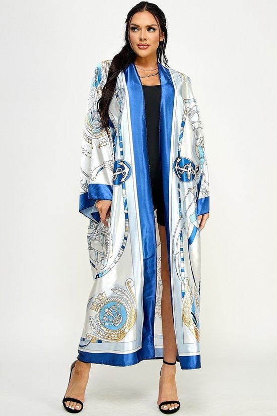 051023 The White and Blue Sealing Print Kimono Duster One Size Fit All