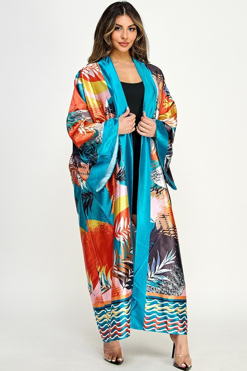 051023 The Orange and Teals Print Kimono Duster One Size Fit All