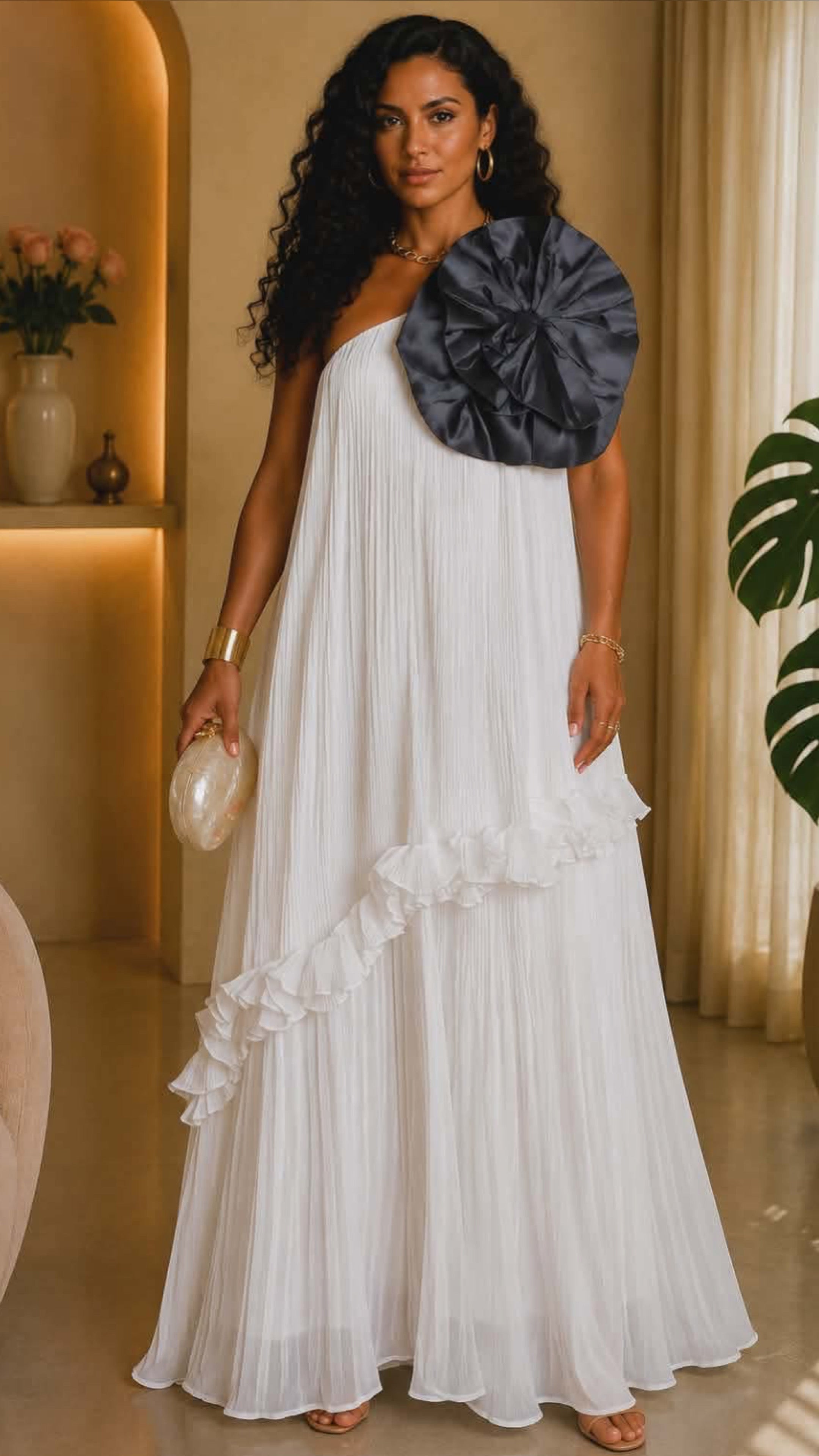 062725 White One Shoulder Sleeveless Tiered w Black Flower Details Maxi Dress