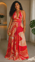 062725 The Orange Multi Halter Neck Palazzo Jumpsuit with Pockets