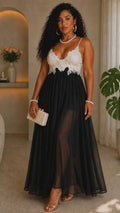 062725 Black & White Crochet Top Details Sleeveless Maxi Dress