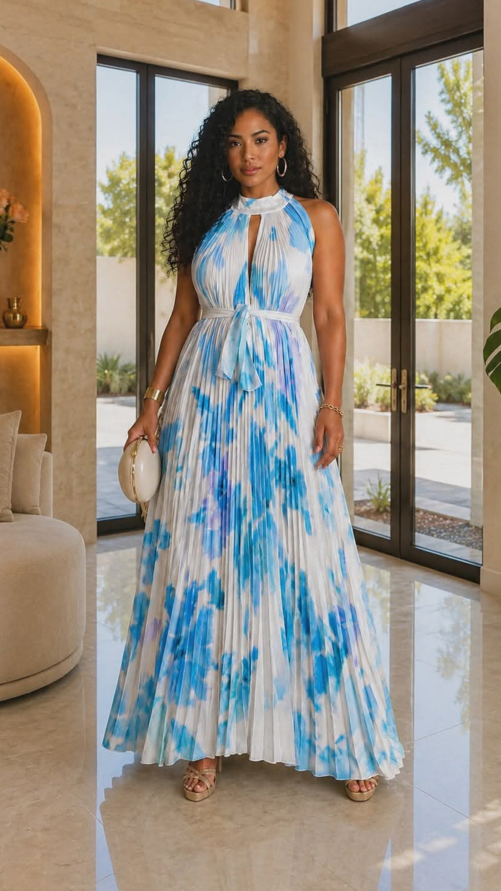 020525 The Blue Tie Dye Pleated Key Hole Open Back Maxi Dress