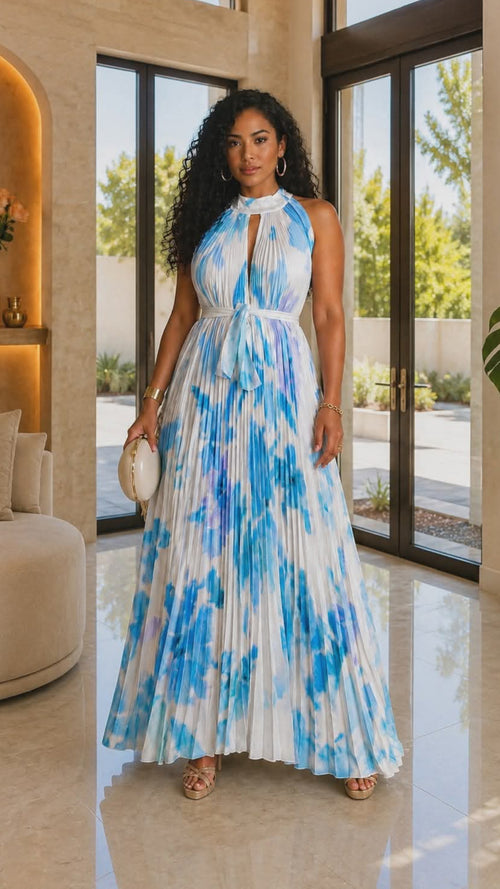 020525 The Blue Tie Dye Pleated Key Hole Open Back Maxi Dress