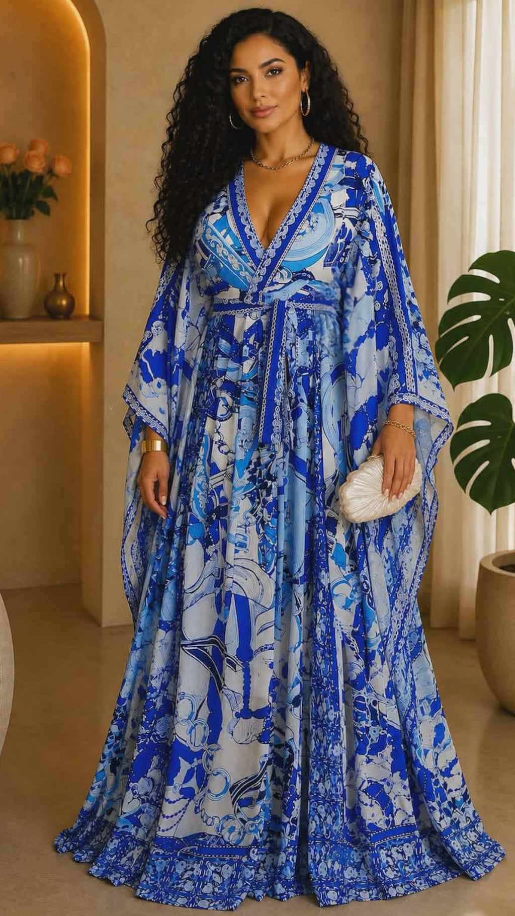 051625 Our Blue Print Unique Kimono Sleeves Maxi Dress