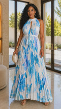 020525 The Blue Tie Dye Pleated Key Hole Open Back Maxi Dress