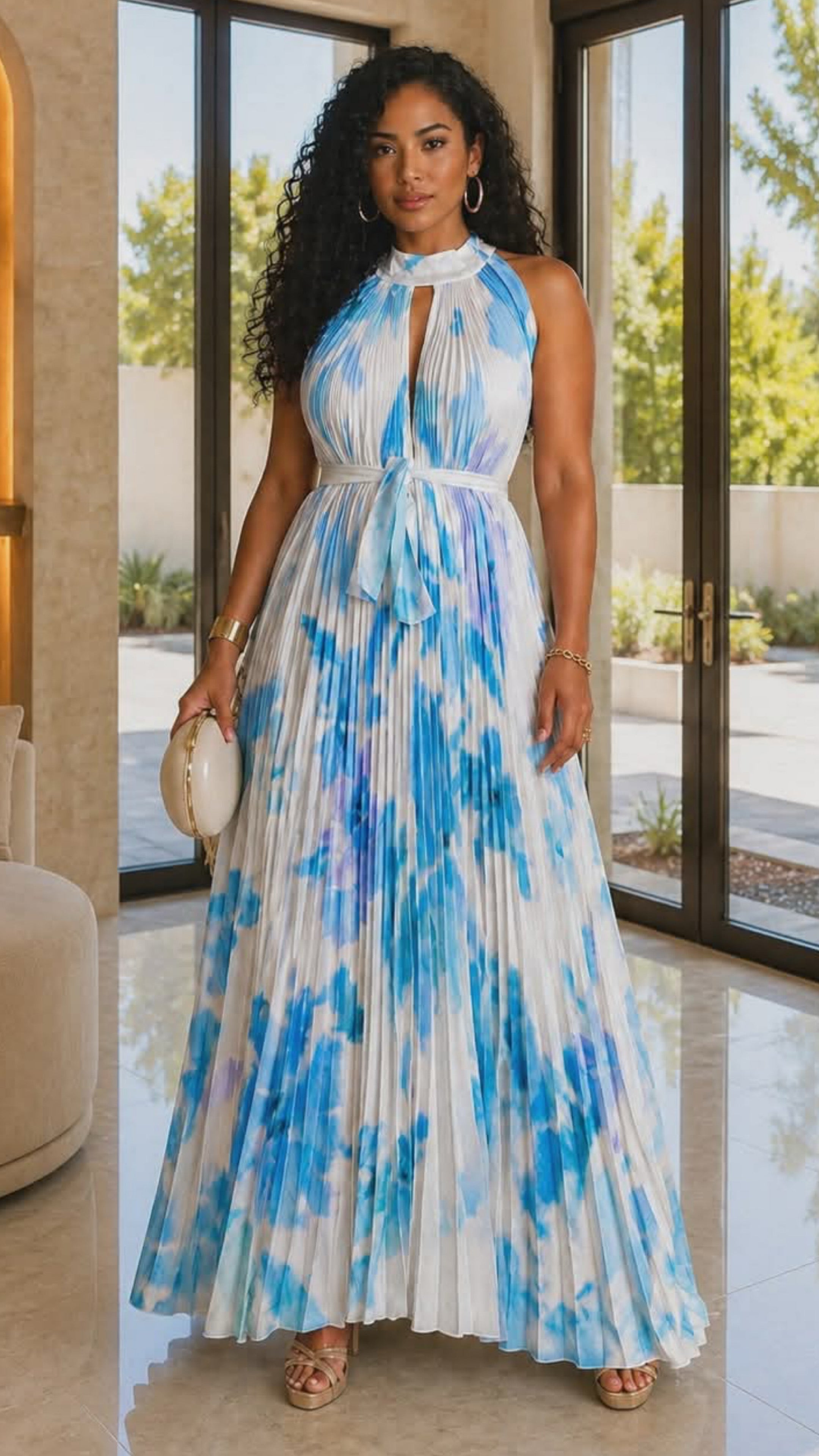 020525 The Blue Tie Dye Pleated Key Hole Open Back Maxi Dress