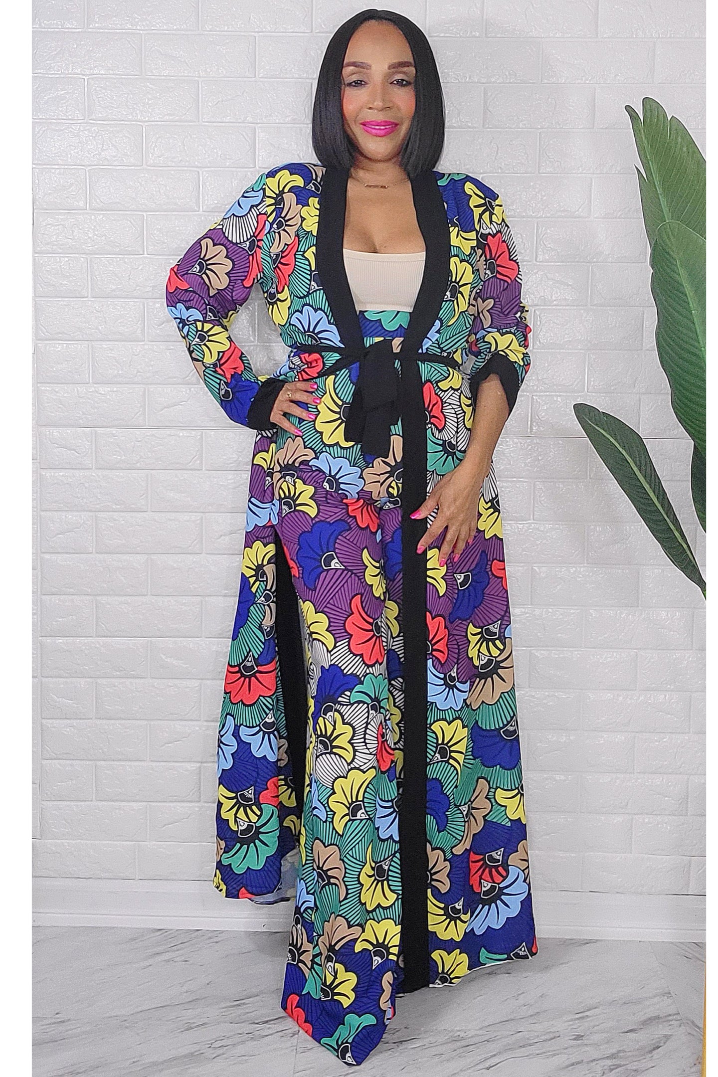 080823 The African Wedding Flowers Print Palazzo Pants and Duster Set