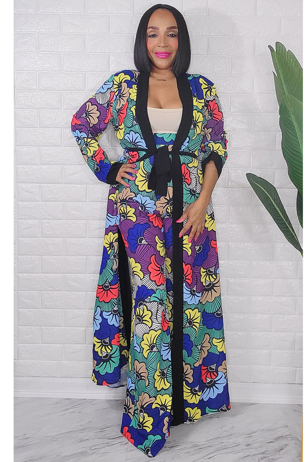 080823 The African Wedding Flowers Print Palazzo Pants and Duster Set