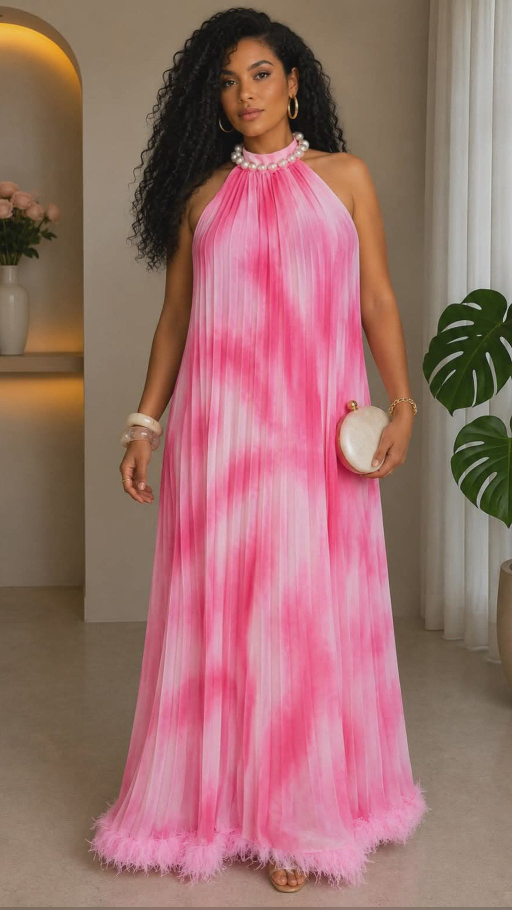 041325 Pink Dye Pleated Feathers Maxi Dress with Pearls Neckline