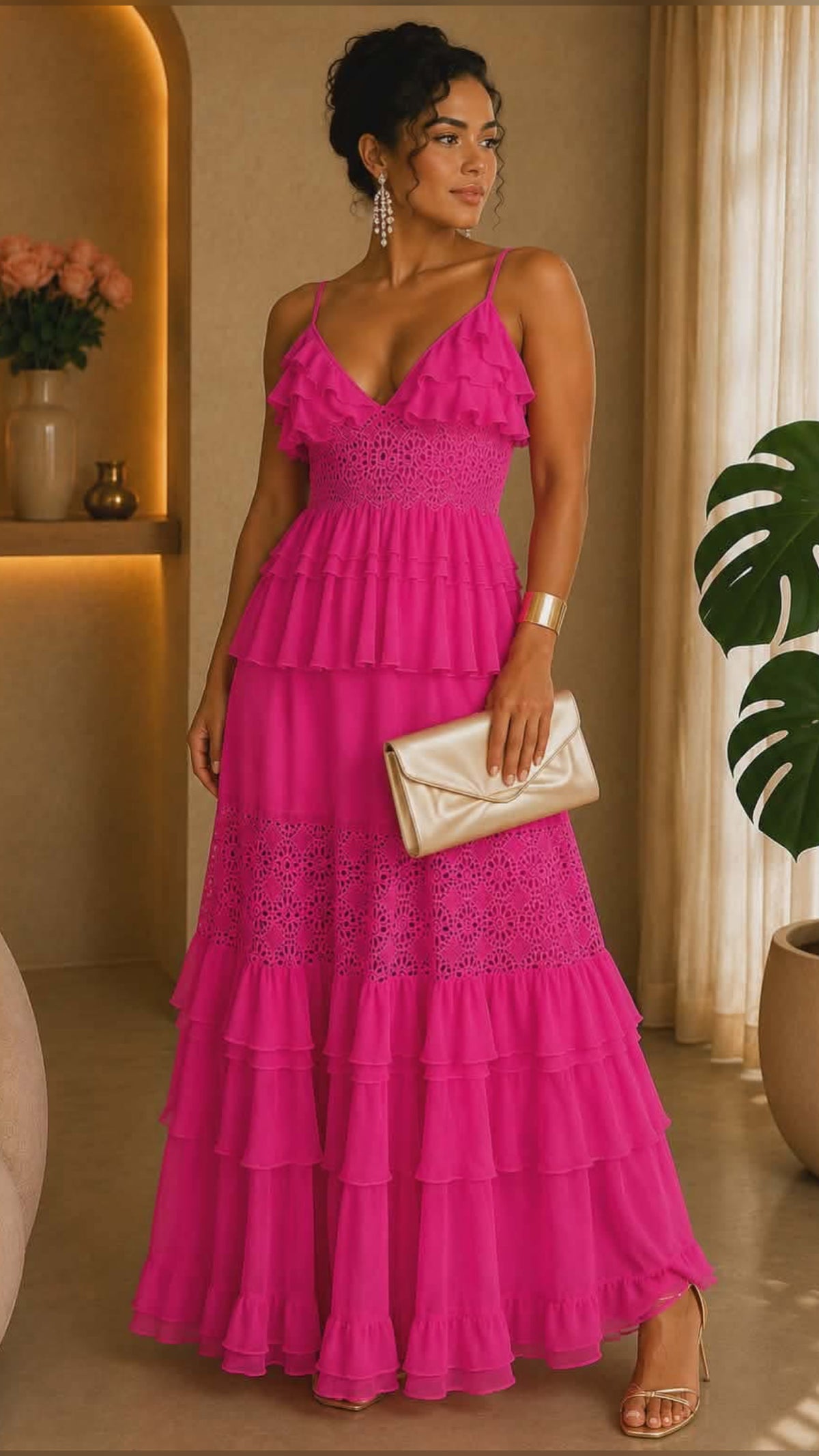 hot pink dress with ruffles 051625 Solid Ruffle Crochet Detail Tiered Maxi Medium Shop 2021 ANNAKOO Purple 121121 Chiffon Fabric Color Size:56 Long Jacket+50 Waist Adjust 46 to 52)(Height:6