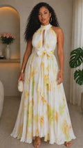 020525 The Lime Tie Dye Pleated Key Hole Open Back Maxi Dress