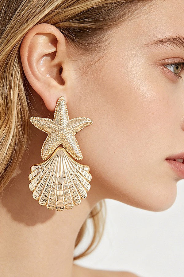 051426 Gold Polished Starfish Shell Drop Earrings