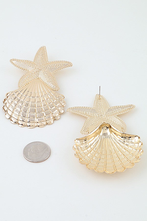 051426 Gold Polished Starfish Shell Drop Earrings