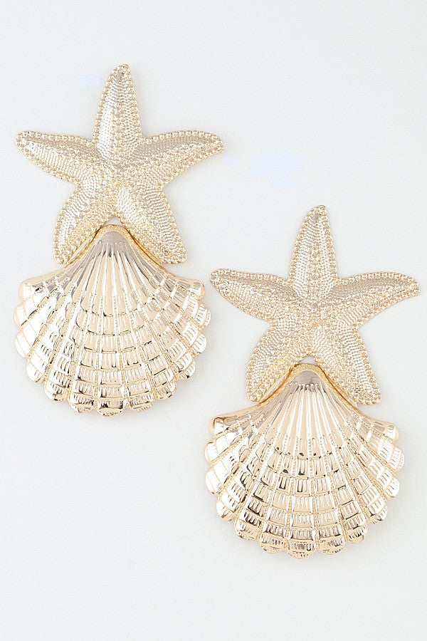 051426 Gold Polished Starfish Shell Drop Earrings