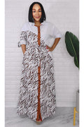 060923 Brown and White Zebra Print Button Maxi Dress