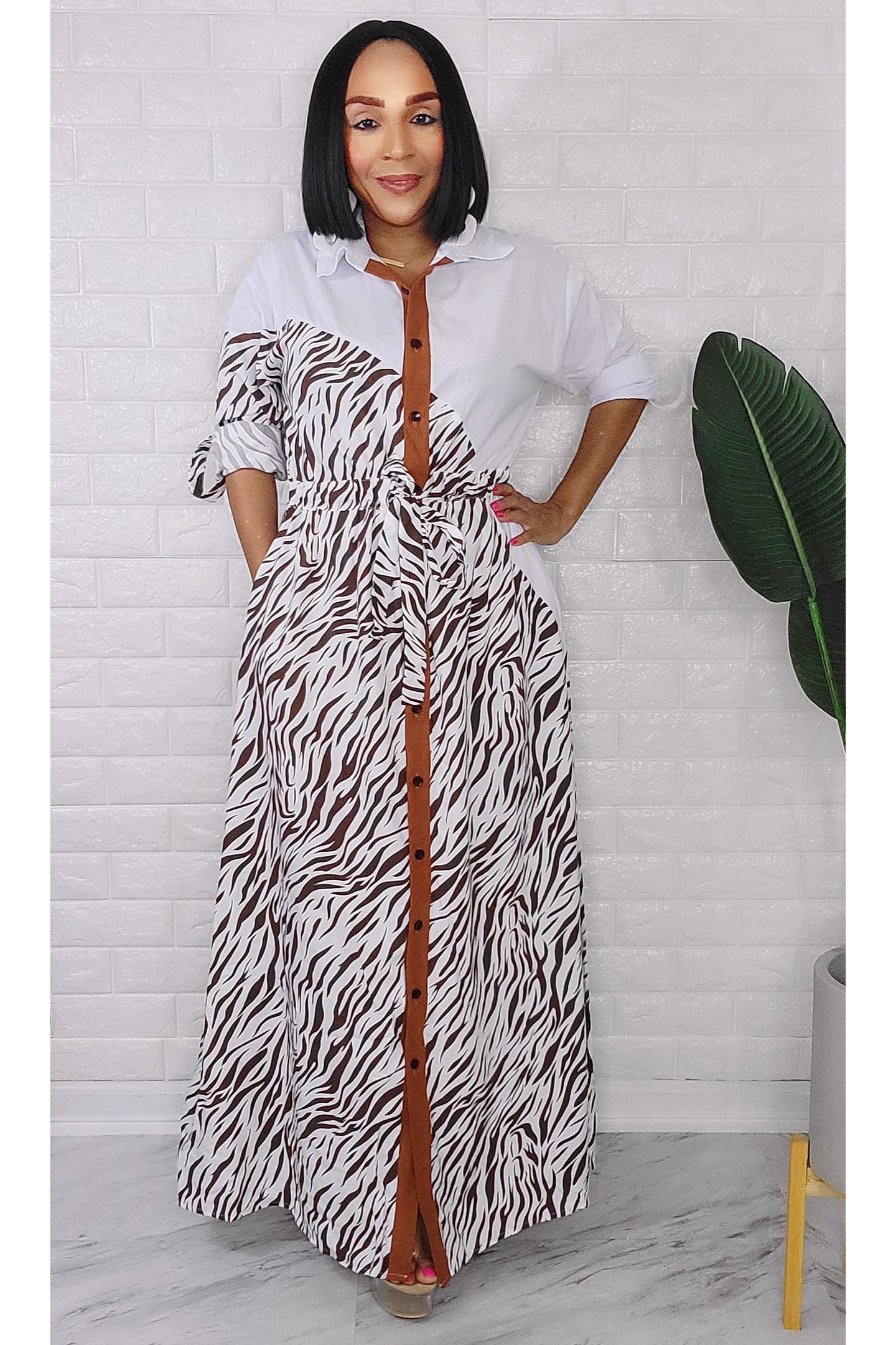 060923 Brown and White Zebra Print Button Maxi Dress