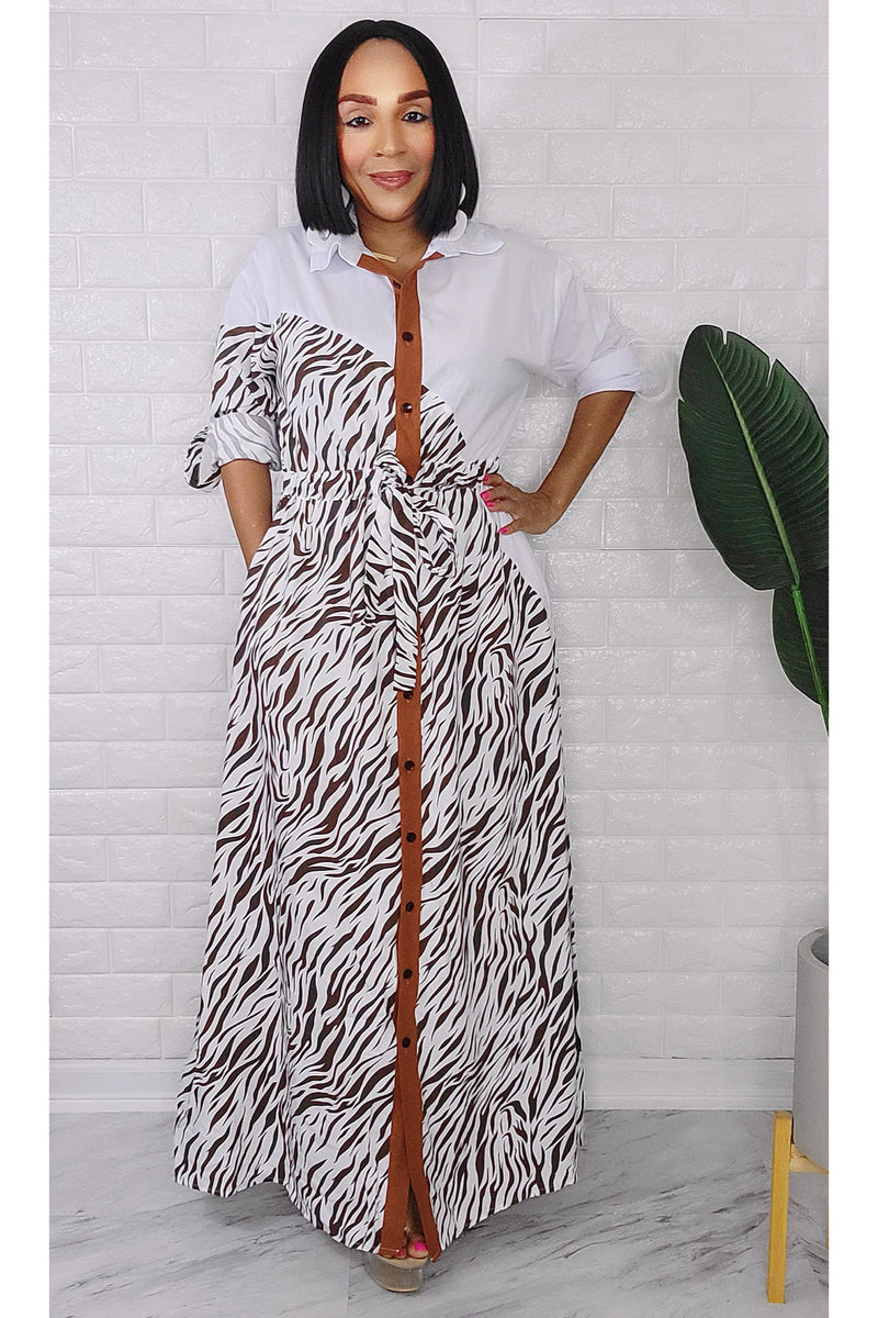 060923 Brown and White Zebra Print Button Maxi Dress